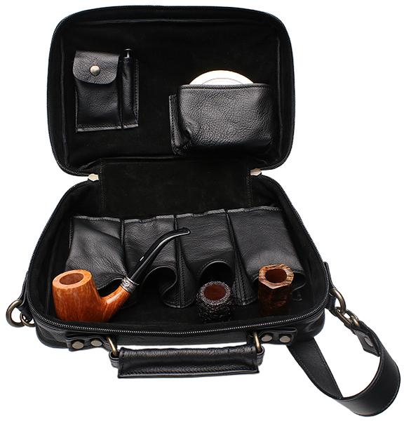 Pipe Accessories Claudio Albieri Italian Leather Elegance 4 Pipe Bag Black