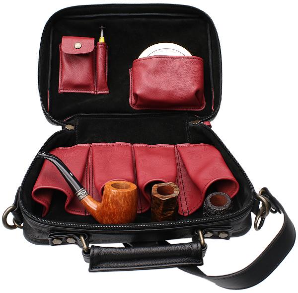 Pipe Accessories Claudio Albieri Italian Leather Elegance 4 Pipe Bag Black/Red