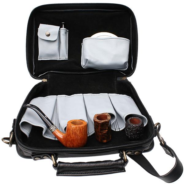 Pipe Accessories Claudio Albieri Italian Leather Elegance 4 Pipe Bag Black/Grey